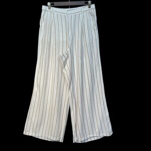 Aerie Women Striped Wide Leg Linen Blend Pants Neutral Tan Cream Large